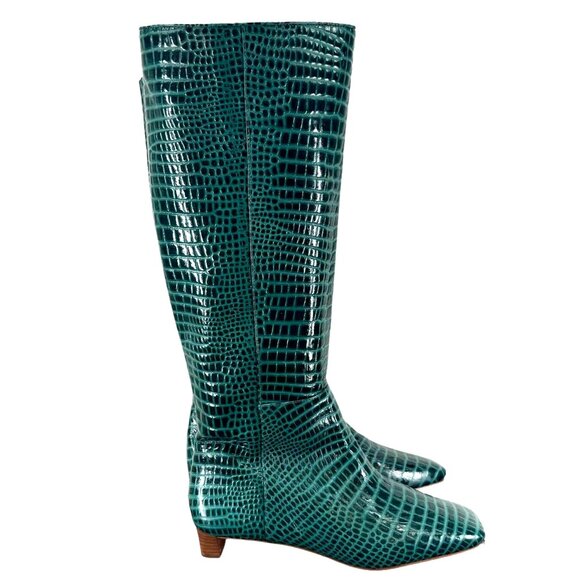Frances Valentine Mackie Knee High Boots Green Croc Embossed Leather 11 $598 - Picture 2 of 11